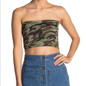 Planet Gold Smocked Print Bandeau Top Camo Green L Strapless Tee Shirt Blouse